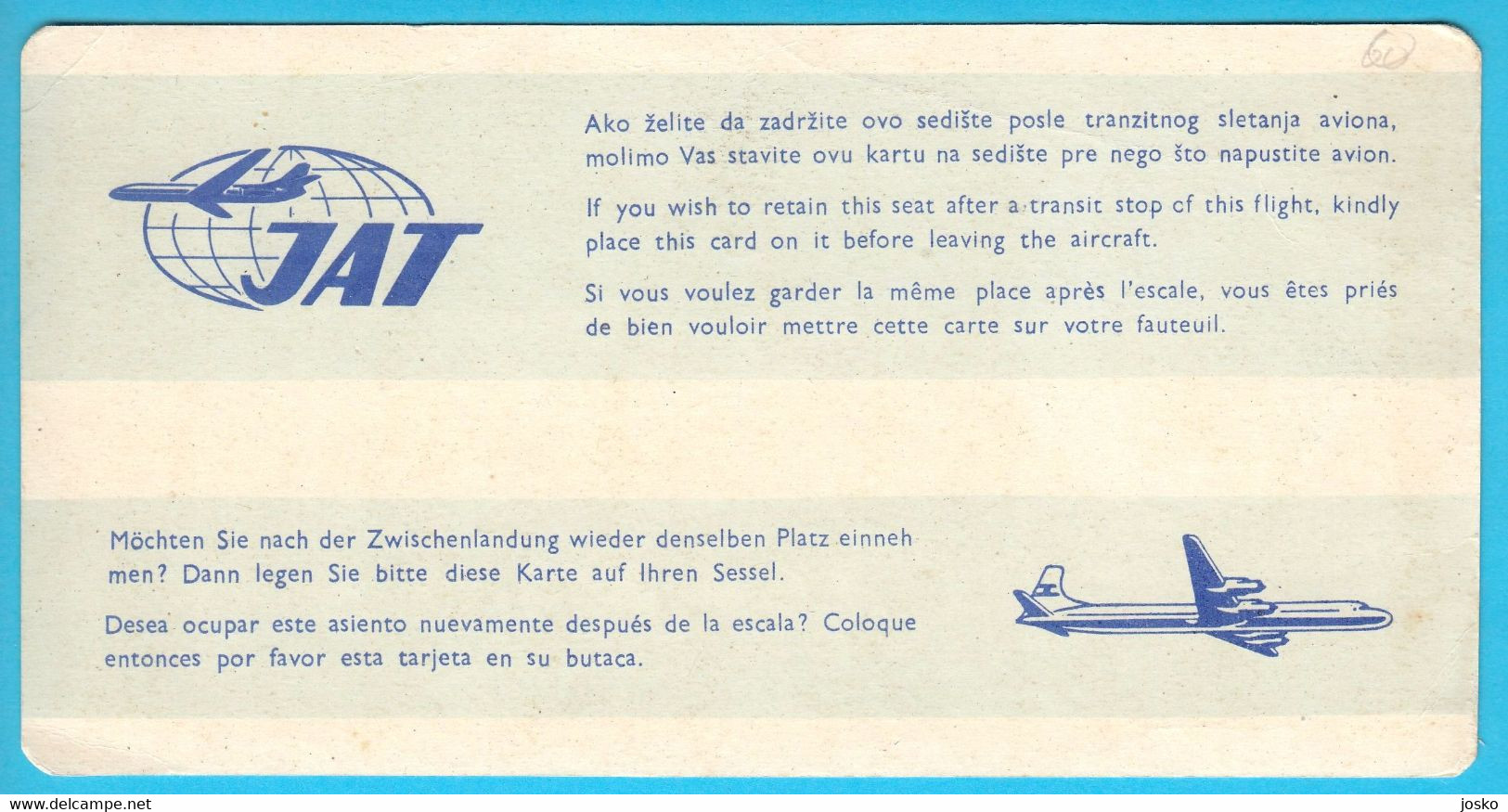 YUGOSLAV AIRLINES (JAT) - Beautifull Original Vintage Cardboard Label 1950s*  OCCUPIED * Larger Size - Orari