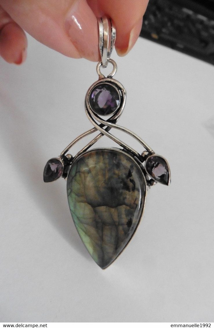 Neuf - Grand Pendentif En Argent 925 Style Art Nouveau Serti Grosse Labradorite Et Améthystes - Pendentifs