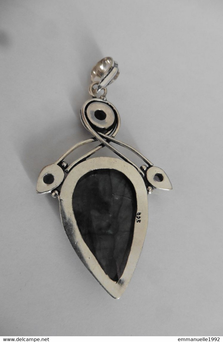 Neuf - Grand pendentif en argent 925 style Art Nouveau serti grosse labradorite et améthystes