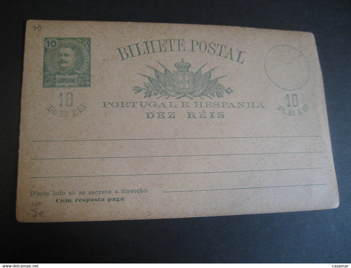 ANGRA 10+10 Reis Bilhete Double Postal Stationery Card Terceira Azores PORTUGAL Colonies Slight Damaged - Angra