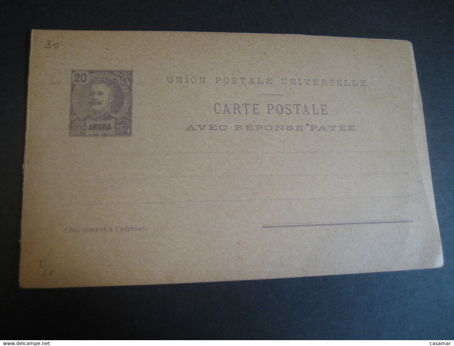 ANGRA 20+20 Reis Double Carte Postal Stationery Card Terceira Azores PORTUGAL Colonies Slight Folded - Angra