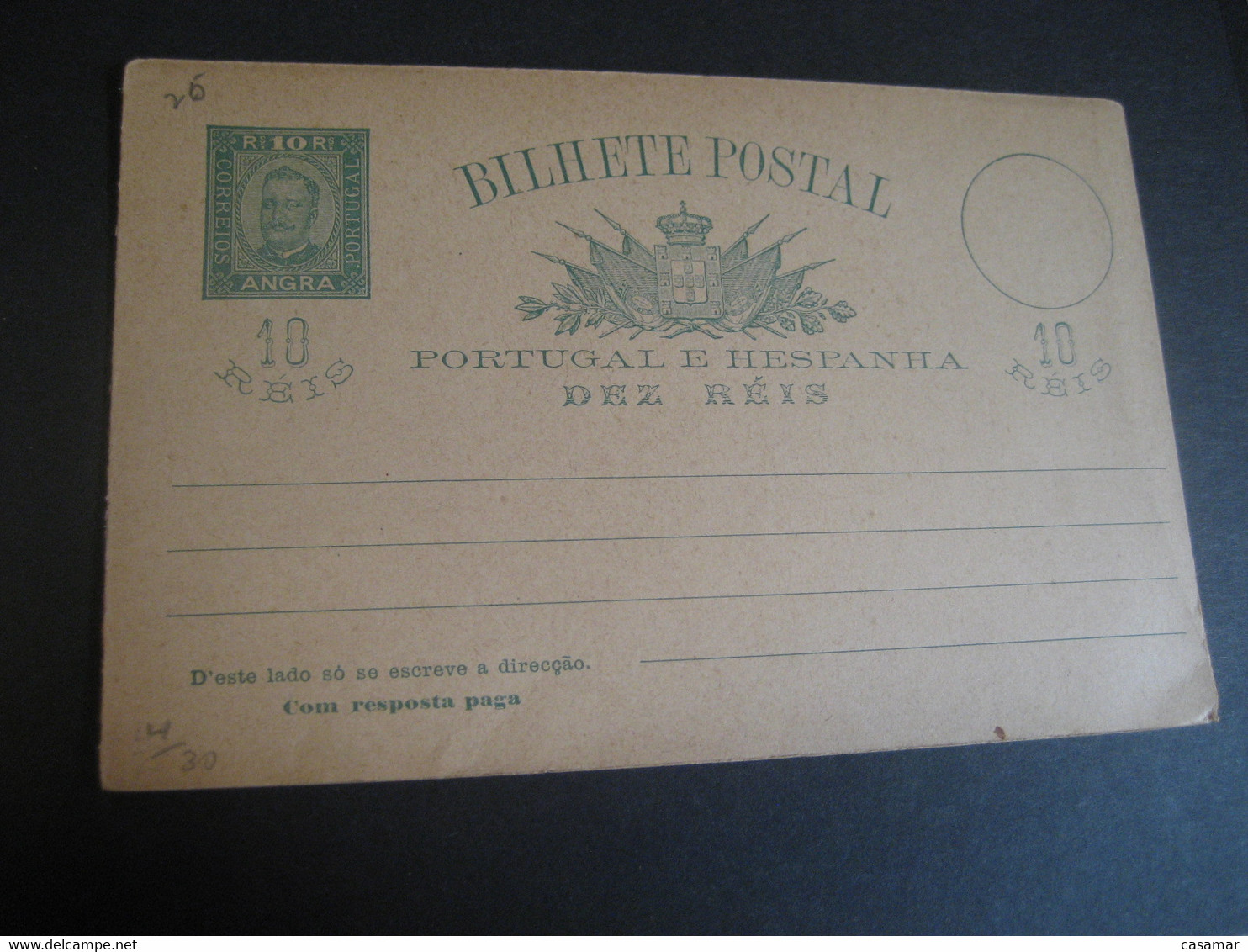 ANGRA 10+10 Reis Bilhete Double Green Postal Stationery Card Terceira Azores PORTUGAL Colonies - Angra