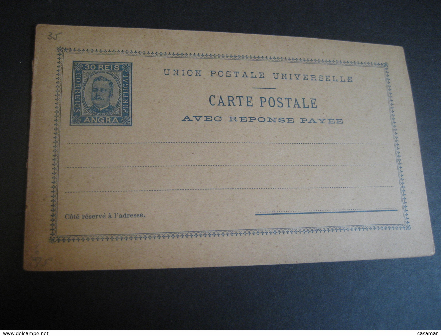 ANGRA 30+30 Reis Blue Double Carte Postal Stationery Card Terceira Azores PORTUGAL Colonies - Angra