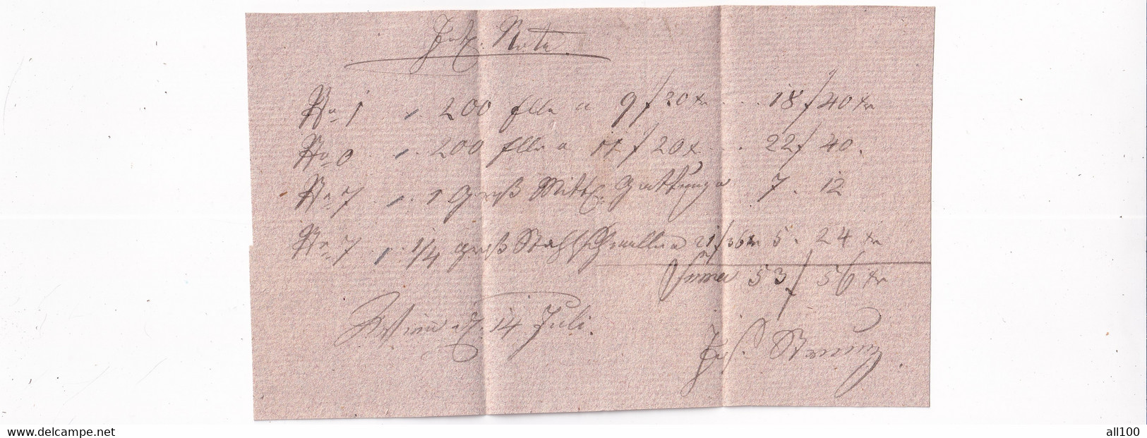 A18755 - RECEIPT NOTA FROM AUSTRIAN EMPIRE 1800s OLD HANDWRITTEN DOCUMENT - Austria