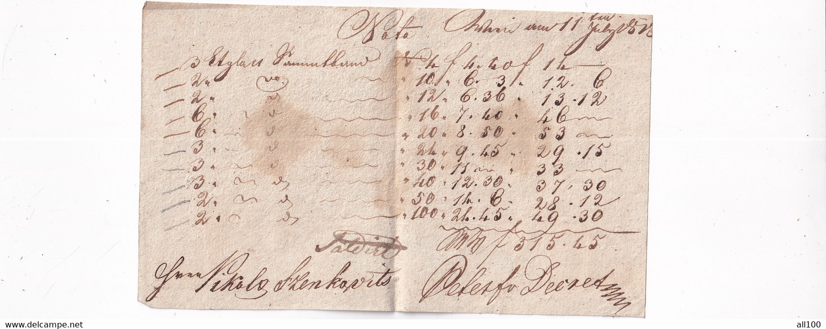 A18758 - RECEIPT NOTA FROM AUSTRIAN EMPIRE 1818 SZENKOVITS OLD HANDWRITTEN DOCUMENT - Austria