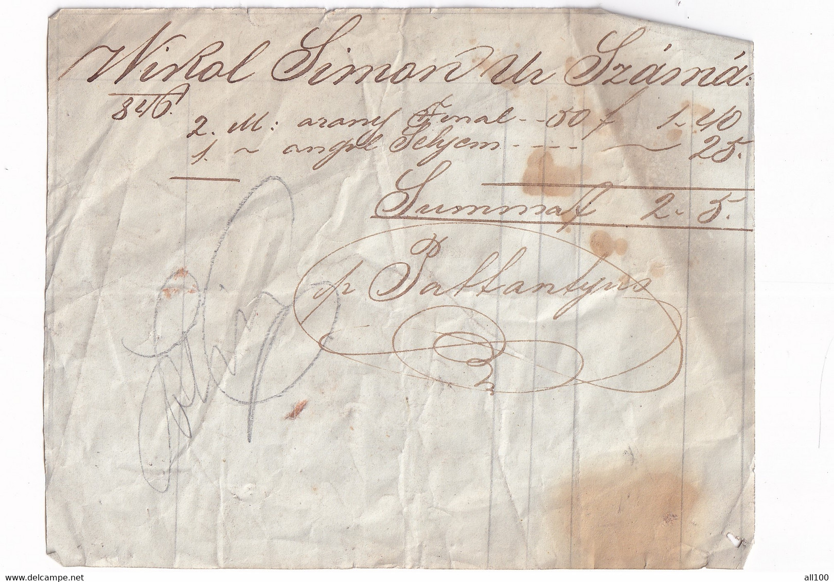 A18760 - RECEIPT FROM AUSTRIAN EMPIRE 1846 WIKOL SIMON WRITTEN IN HUNGARIAN OLD HANDWRITTEN DOCUMENT - Autriche
