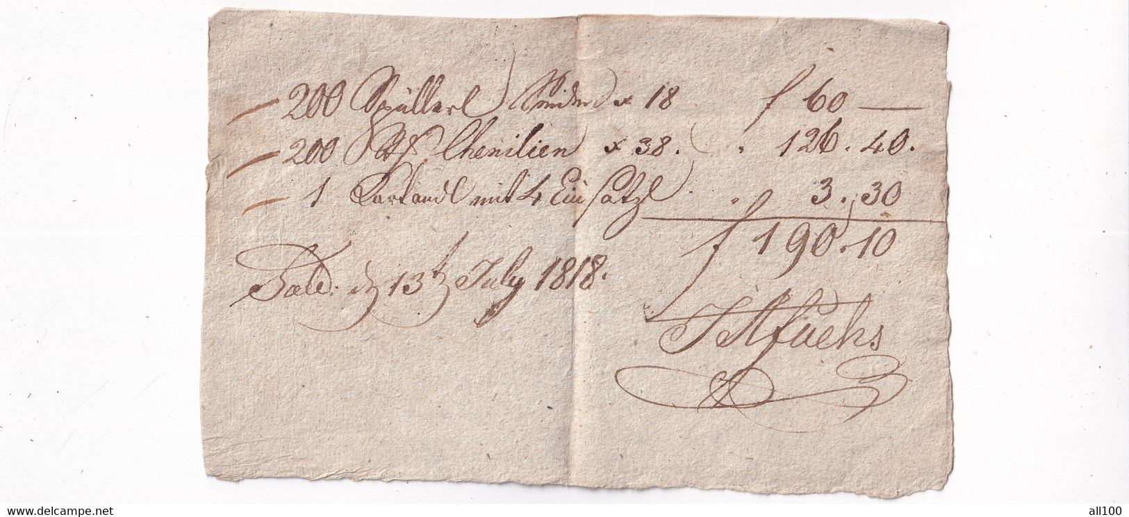 A18761 - RECEIPT FROM AUSTRIAN EMPIRE 1818 OLD HANDWRITTEN DOCUMENT - Austria