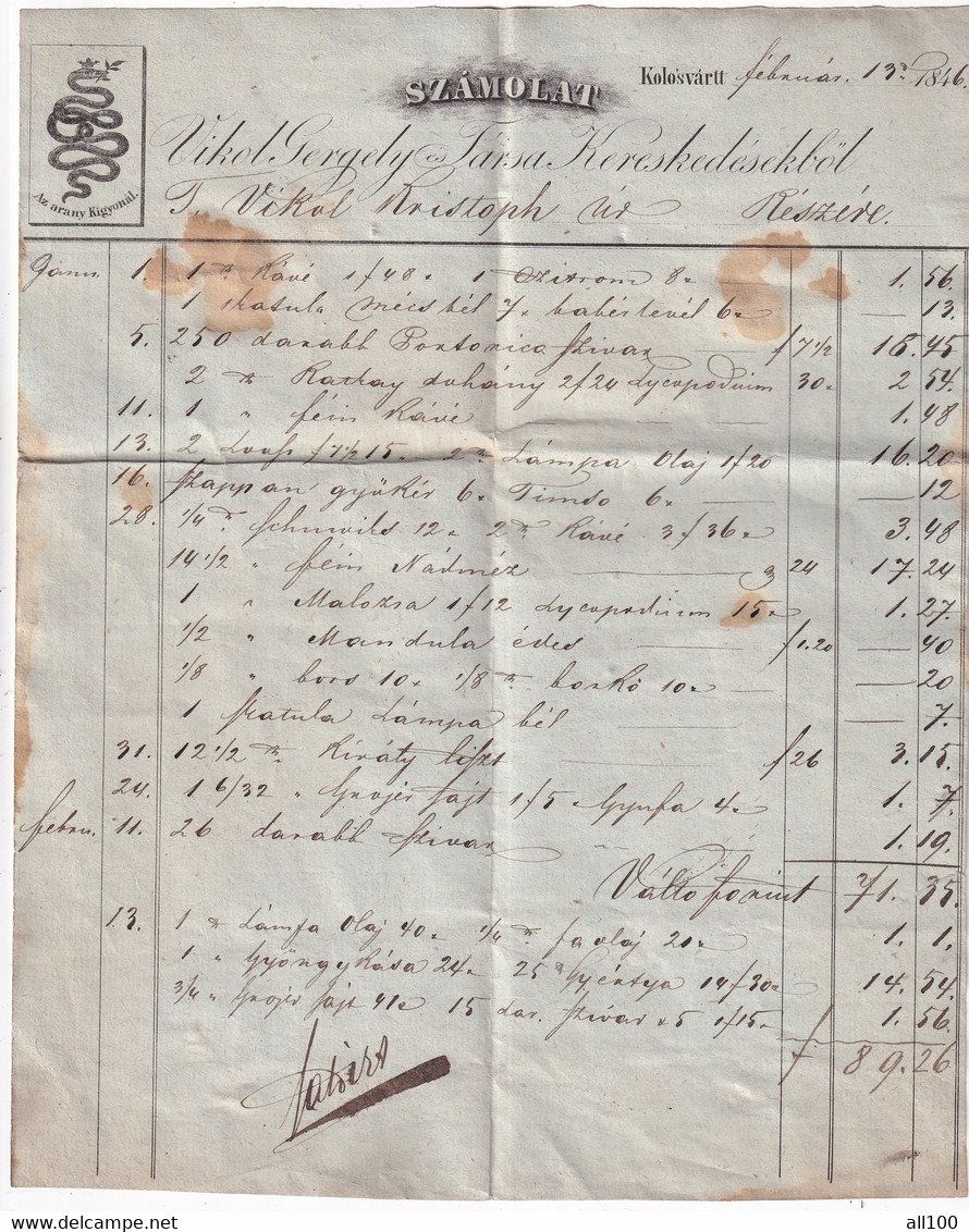 A18764 - INVOICE FROM AUSTRIAN EMPIRE 1846 SZAMOLAT VIKOL GERGELY ES TARSA KERESKEDESEKBOL VIKOL KRISTOPH AZ ARANY KIGYO - Austria