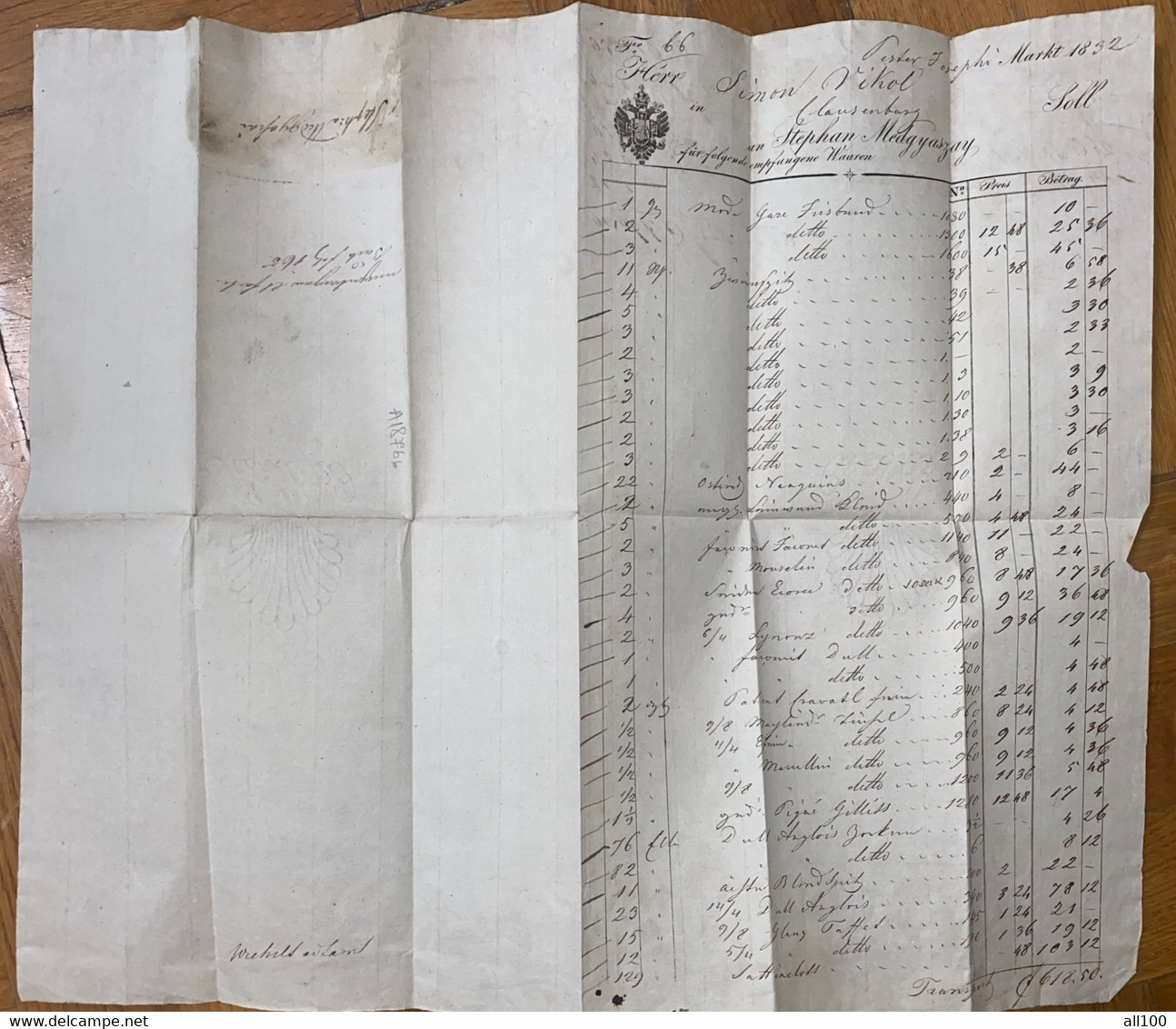 A18766 - INVOICE FROM AUSTRIAN EMPIRE 1832 HERR SIMON VIKOL IN KLAUSENBURG SOLL AN STEPHAN MEDGYASZAY - Oostenrijk