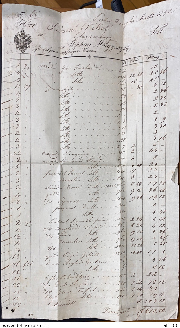 A18766 - INVOICE FROM AUSTRIAN EMPIRE 1832 HERR SIMON VIKOL IN KLAUSENBURG SOLL AN STEPHAN MEDGYASZAY - Autriche