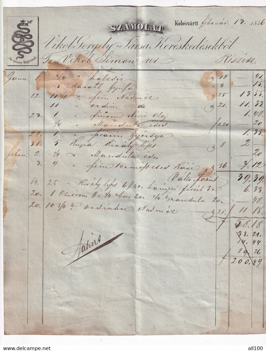 A18768 - INVOICE FROM AUSTRIAN EMPIRE 1846 SZAMOLAT VIKOL GERGELY ES TARSA KERESKEDESEKBOL VIKOL SIMON UR RESZERE - Autriche