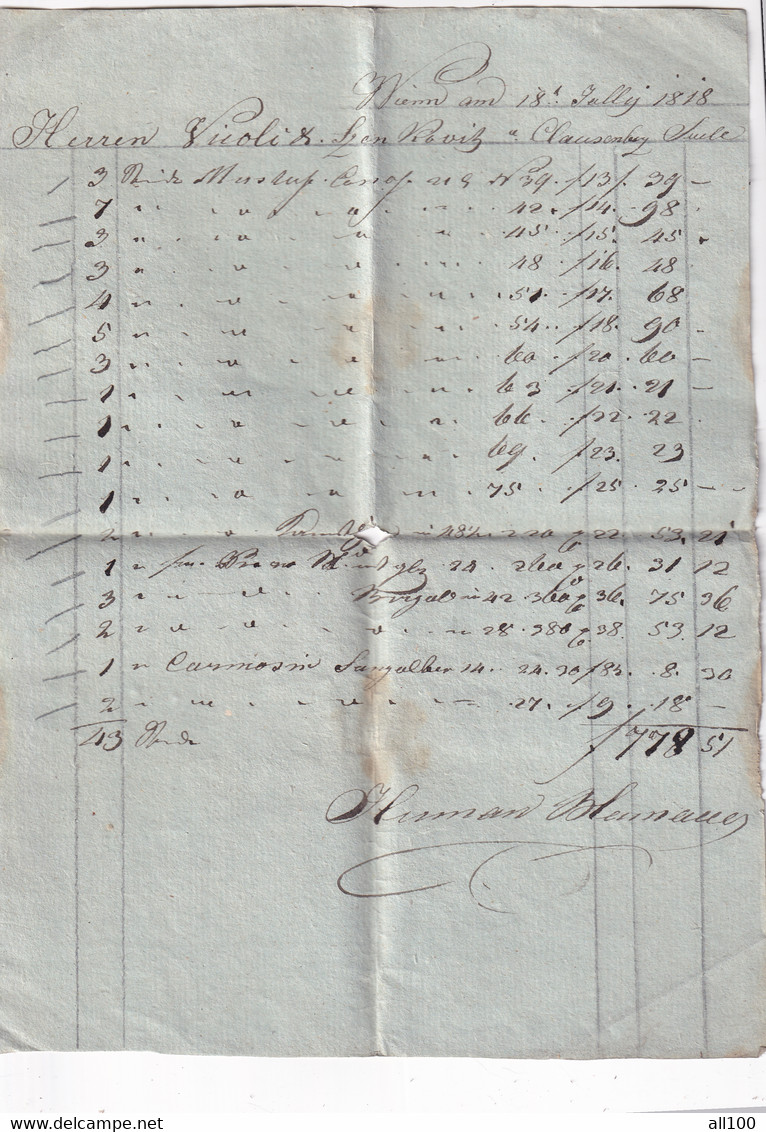 A18770 - INVOICE FROM AUSTRIAN EMPIRE 1818 WIEN VIENA HERREN VICOLI SZENKOVITZ KLAUSENBURG KOLOZSVAR CLUJ-NAPOCA - Oostenrijk