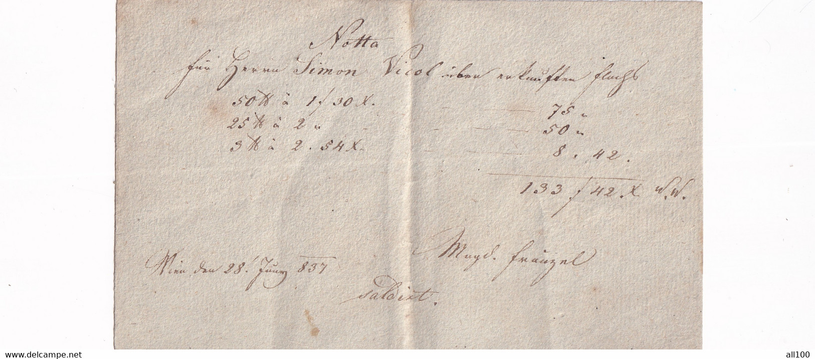 A18771 - RECEIPT FROM AUSTRIAN EMPIRE 1837 WIEN VIENA NOTTA SIMON VICOL OLD HANDWRITTEN DOCUMENT - Autriche
