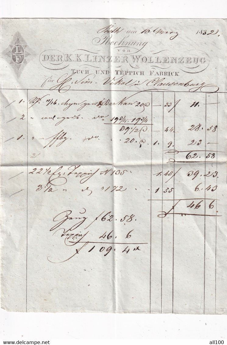 A18773 - INVOICE FROM AUSTRIAN EMPIRE 1832 RECHNUNG VON DER K K LINZER WOLLENZEUG TUCH UND TEPPICH FABRICK - Oostenrijk