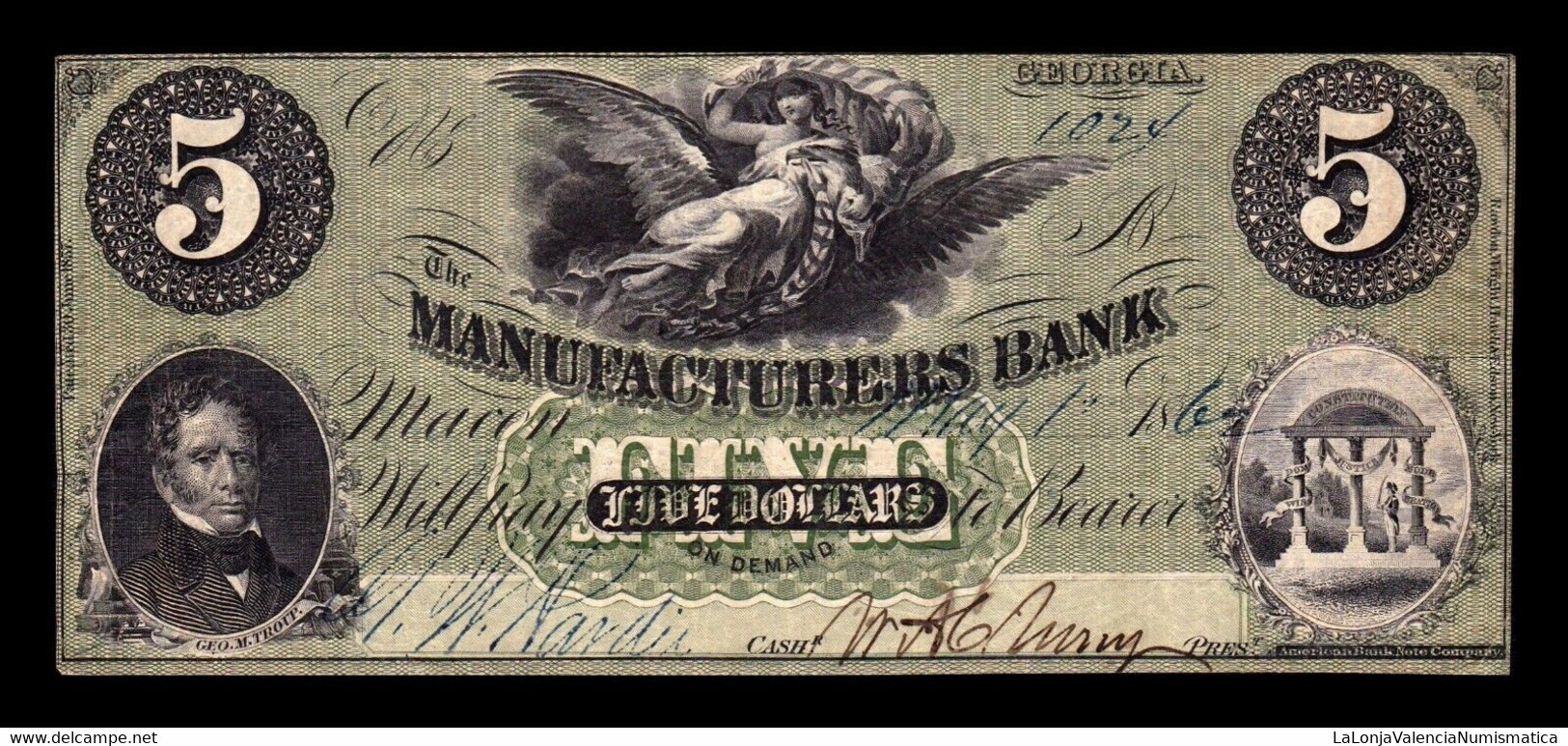 Estados Unidos United States 5 Dollars 1864 Manufacturers Bank Georgia MBC - AVF - Confederate Currency (1861-1864)