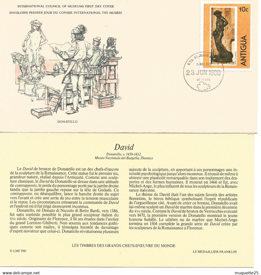 Enveloppe 1er Jour Des Musées Bronze De David Par Donatello Timbre  Antigua 23 Juin 1980 + Fichier Explicatif - Museos
