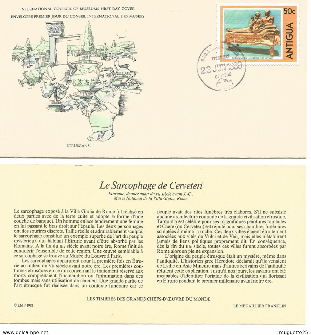 Enveloppe 1er Jour Des Musées Le Sarcophage De Cerveti -Etruscans Timbre  Antigua 23 Juin 1980 + Fichier Explicatif - Museums