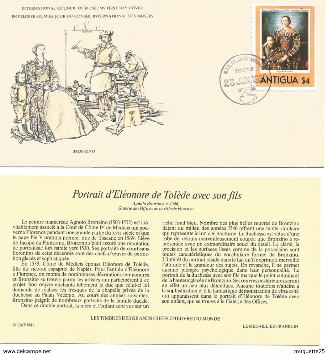 Enveloppe 1er Jour Des Musées Portrait Eléonore De Tolède -Bronsino - Timbre  Antigua 23 Juin 1980 + Fichier Explicatif - Museos