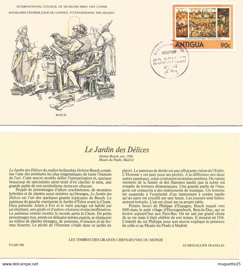 Enveloppe 1er Jour Des Musées Le Jardin Des Délices -Bosch - Timbre  Antigua 23 Juin 1980 + Fichier Explicatif - Musées