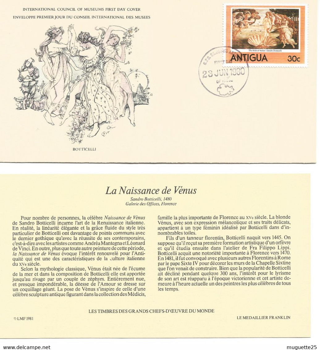 Enveloppe 1er Jour Des Musées La Naissance De Vénus- Botticelli- Timbre  Antigua 23 Juin 1980 + Fichier Explicatif - Museos