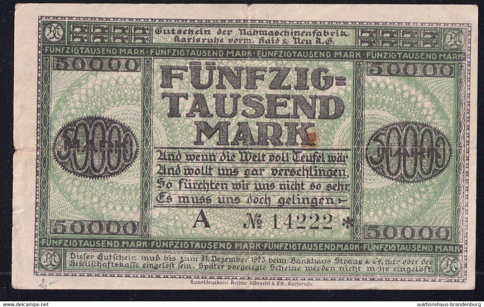 Karlsruhe: 50.000 Mark 1.8.1923 - Nähmaschinenfabrik - [11] Local Banknote Issues