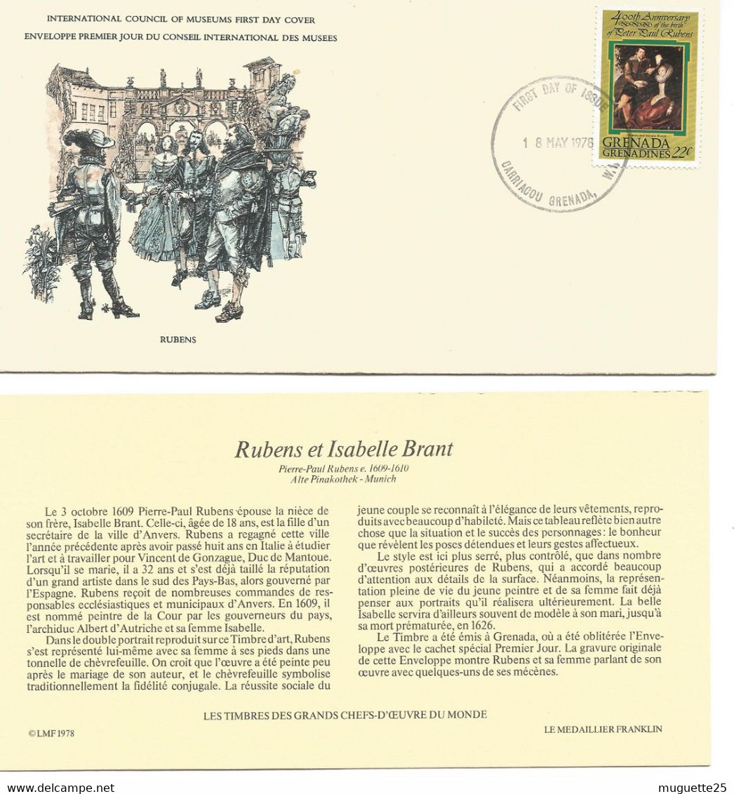 Enveloppe 1er Jour Des Musées -Rubens -Isabelle Brant -timbre Grenada 18 Mai 1978 + Fichier Explicatif - Musées