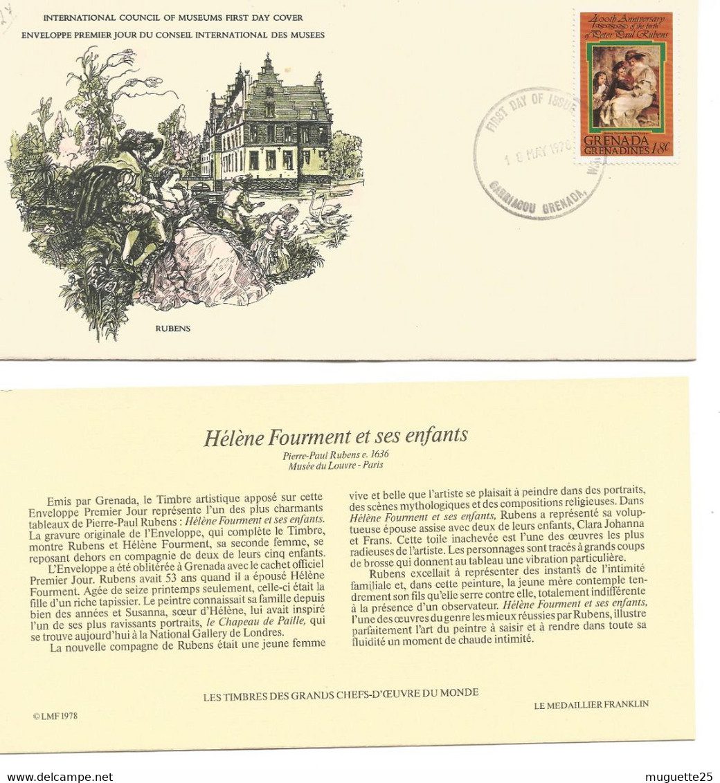Enveloppe 1er Jour Des Musées -Rubens -Hélène Et Ses Enfants-timbre Grenada 18 Mai 1978 + Fichier Explicatif - Museos