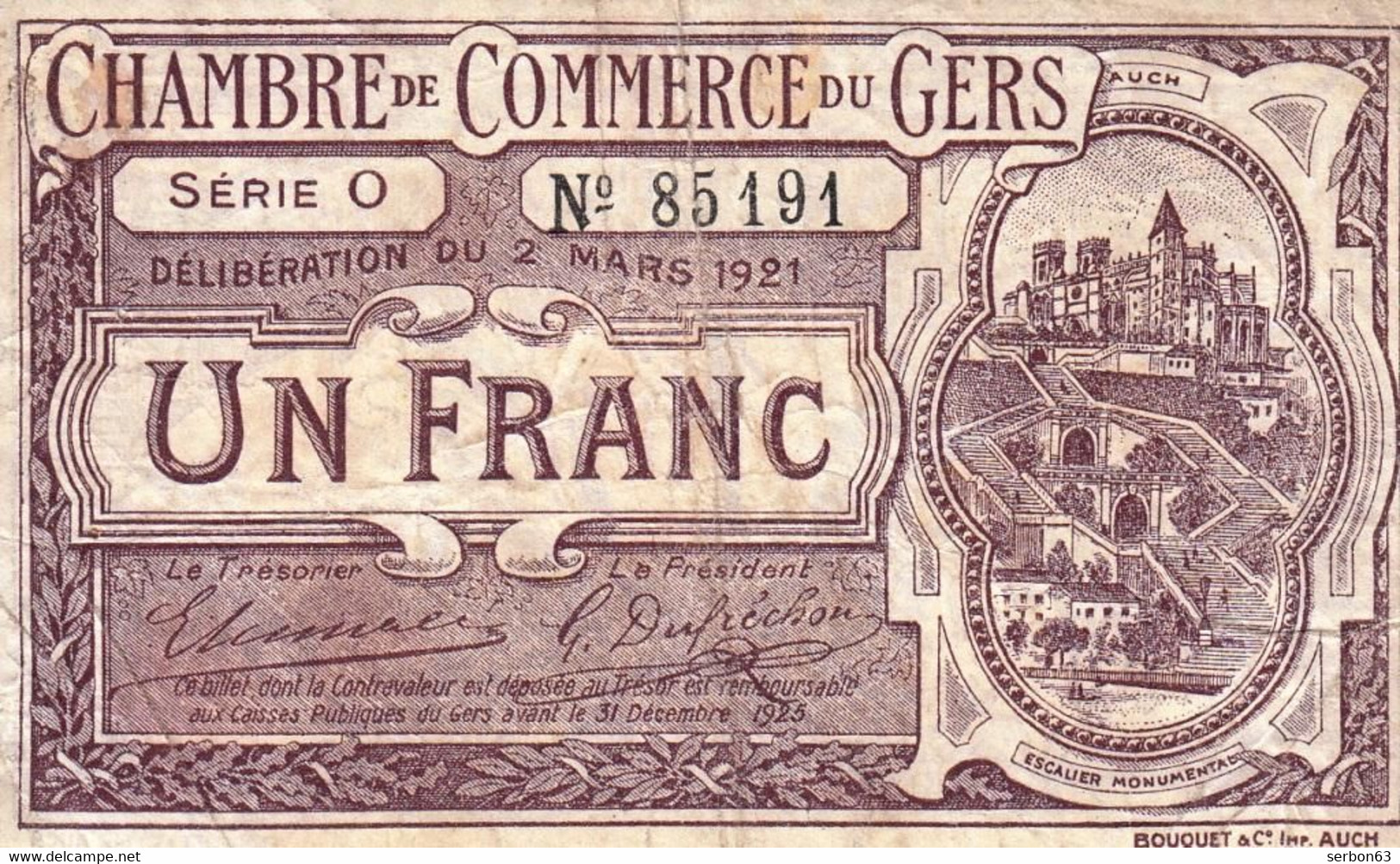 BON - BILLET - MONNAIE - UN FRANC CHAMBRE DE COMMERCE 1921 - GERS - AUCH 32000 - N° 85191 - Chambre De Commerce