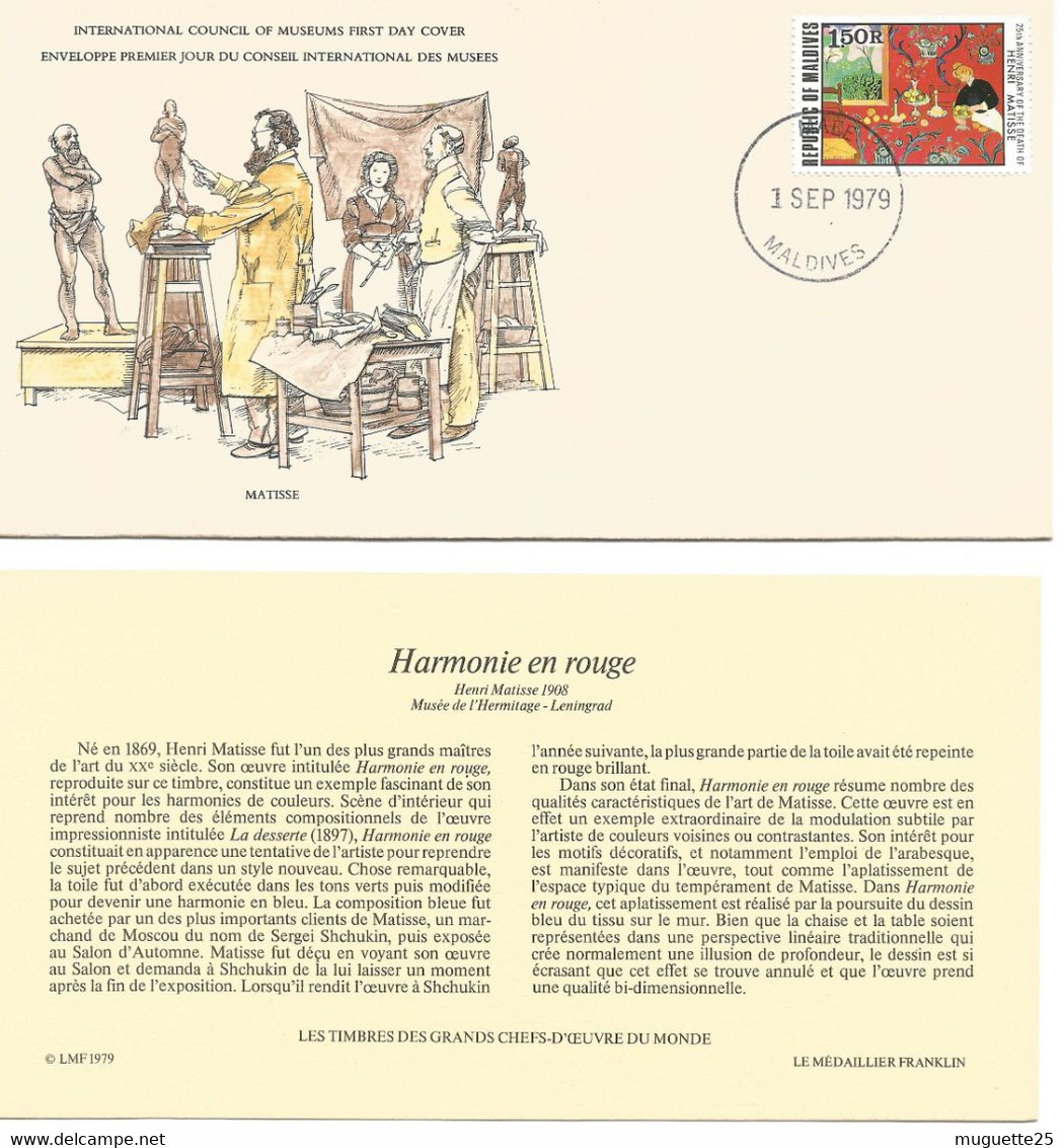 Enveloppe 1er Jour Des Musées Matisse-Harmonie En Rouge- Timbre Maldive1er Sept 1979 + Fichier Explicatif - Musea
