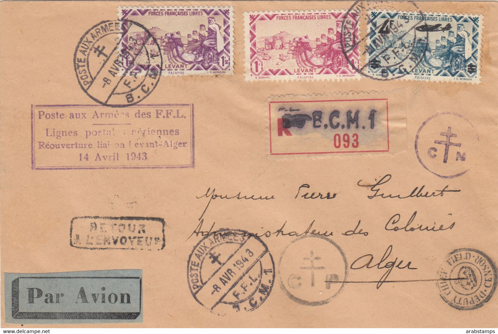 1943 LEBANON TO ALGER REGISTERED COVER FORCES FRANCE RETOUR POSTAL HISTORY - Liban