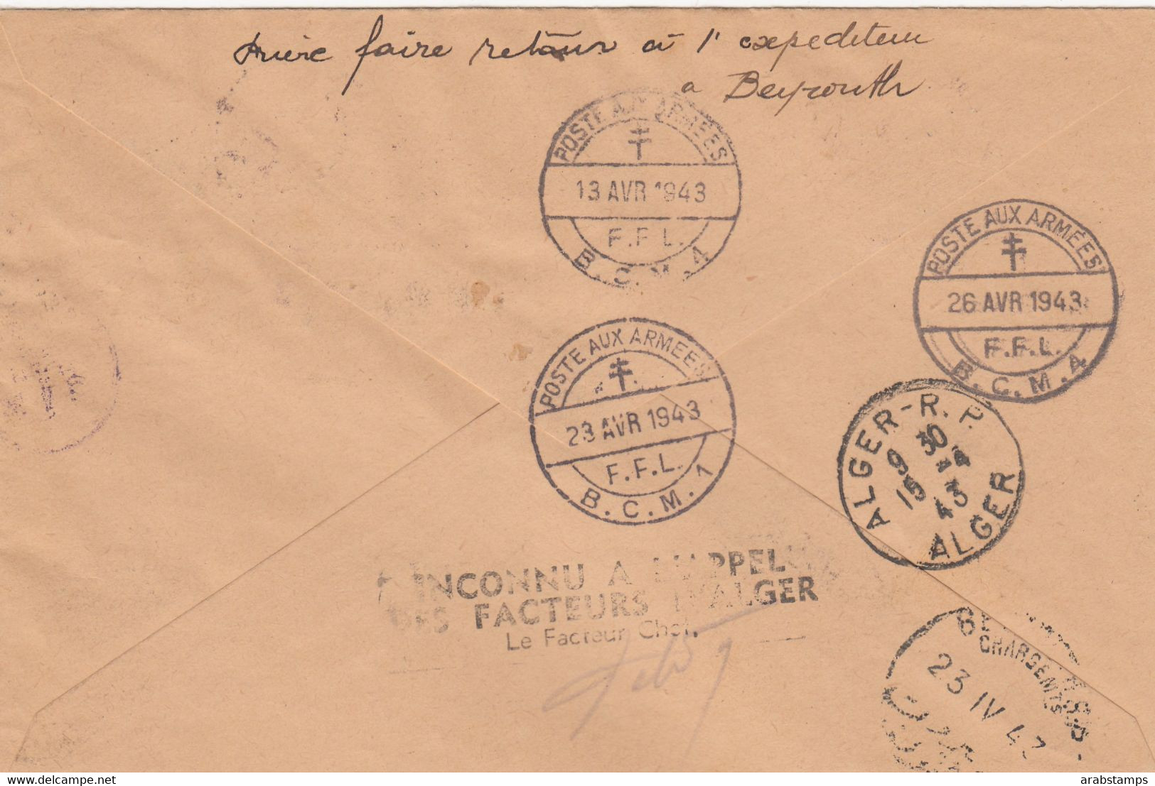 1943 LEBANON TO ALGER REGISTERED COVER FORCES FRANCE RETOUR POSTAL HISTORY - Liban