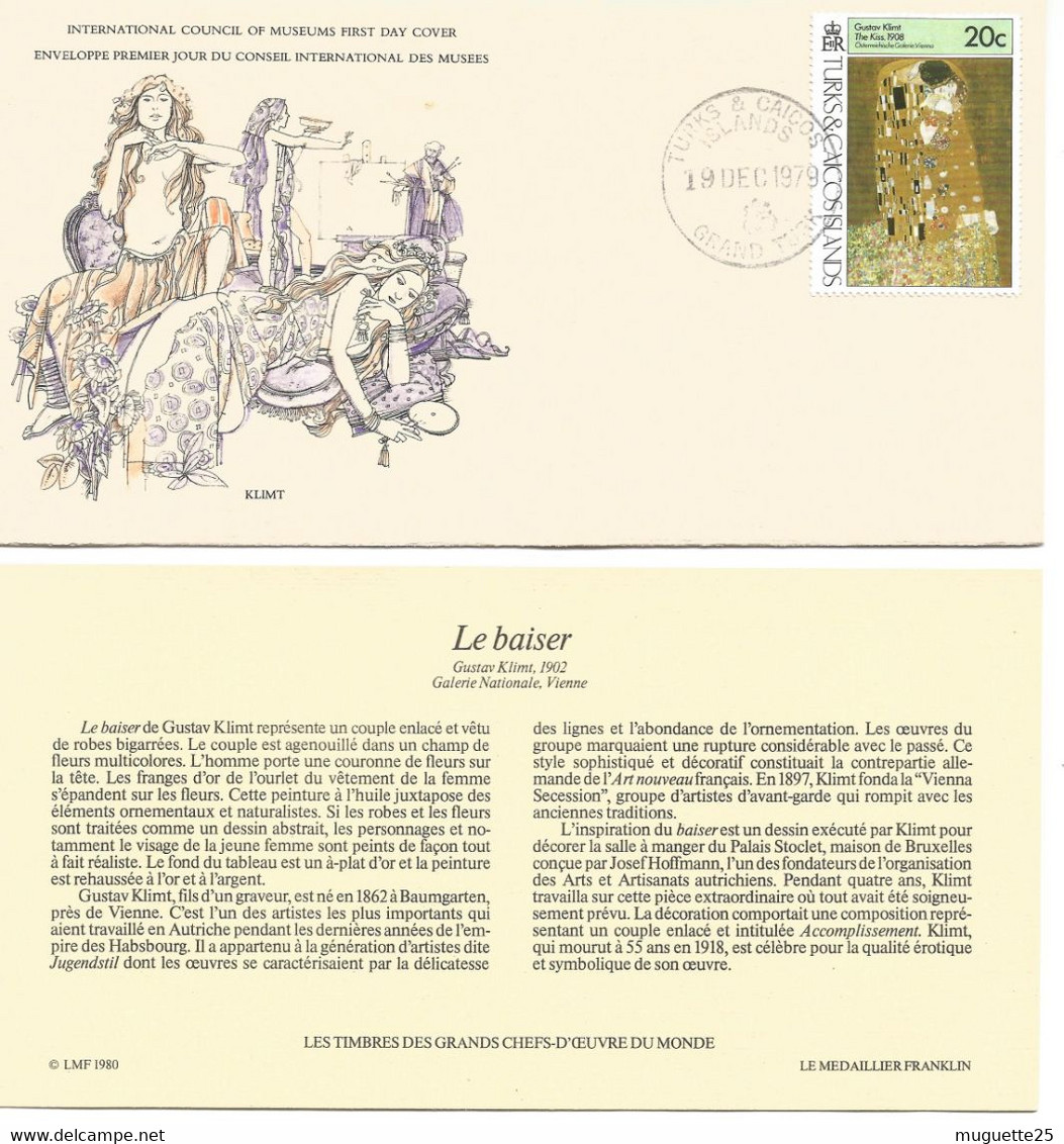 Enveloppe 1er Jour Des Musées Hlimt Le Baiser-timbre Grand Turk19 Dec 1979 + Fichier Explicatif - Museos