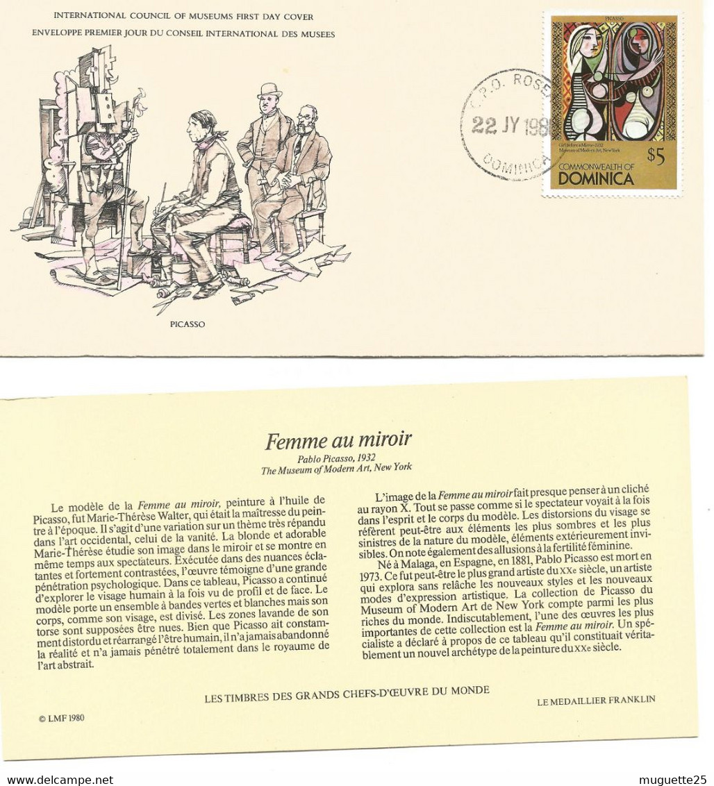 Enveloppe 1er Jour Des Musées PICASSO-Femme Au Miroir Timbre Dominica22 Juillet 1988+ Fichier Explicatif - Museos