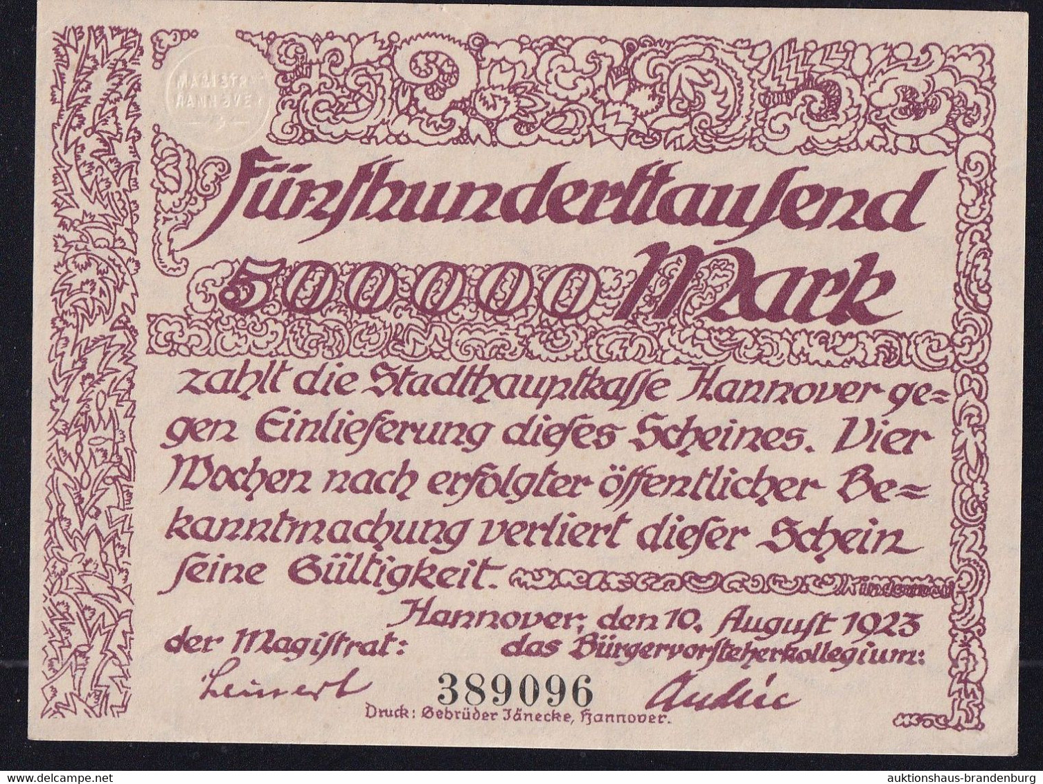 Hannover: 500.000 Mark 10.8.1923 - [11] Local Banknote Issues