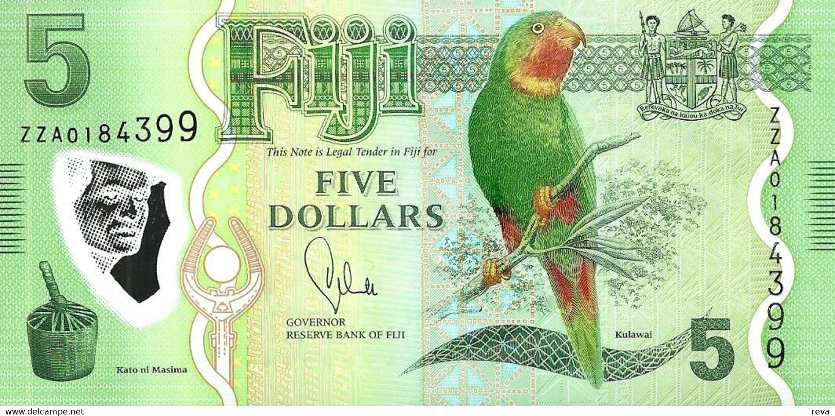 FIJI $5 GREEN  PARROT BIRD FRONT & IGUANA BACK POLYMER REPLACEMENT  ZZ ND(2013)P.115r UNC READ DESCRIPTION!! - Fidschi