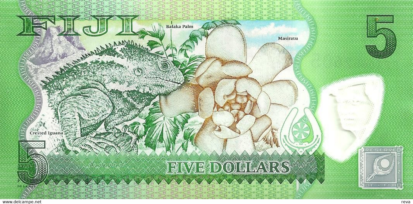 FIJI $5 GREEN  PARROT BIRD FRONT & IGUANA BACK POLYMER REPLACEMENT  ZZ ND(2013)P.115r UNC READ DESCRIPTION!! - Fidschi