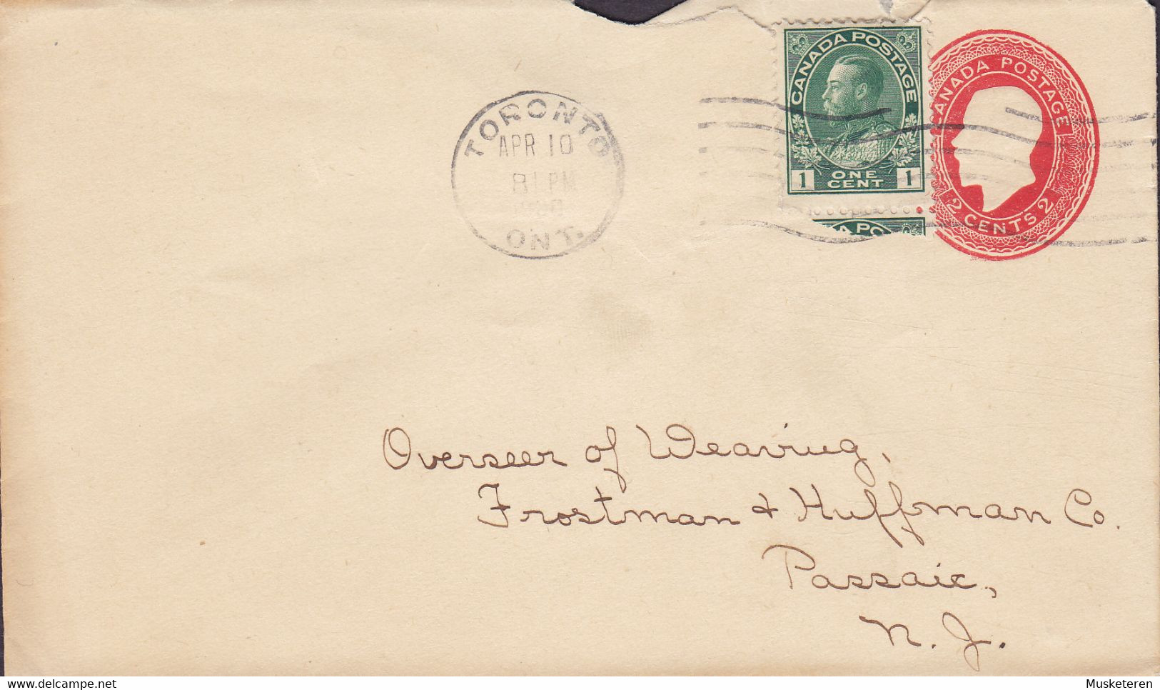 Canada Uprated Postal Stationery Ganzsache Entier 2c. GV. TORONTO Ont. 1926? PASSIAC New York USA - 1903-1954 Kings