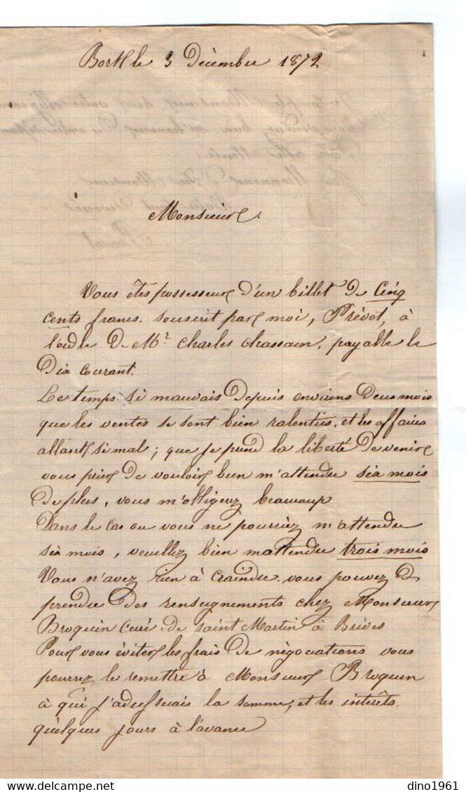 VP20.511 - 1872 - Lettre De Mr PREVOT à BORT ? ( Curé BROQUIN De Saint - Martin à BRIVE ) - Manuscrits