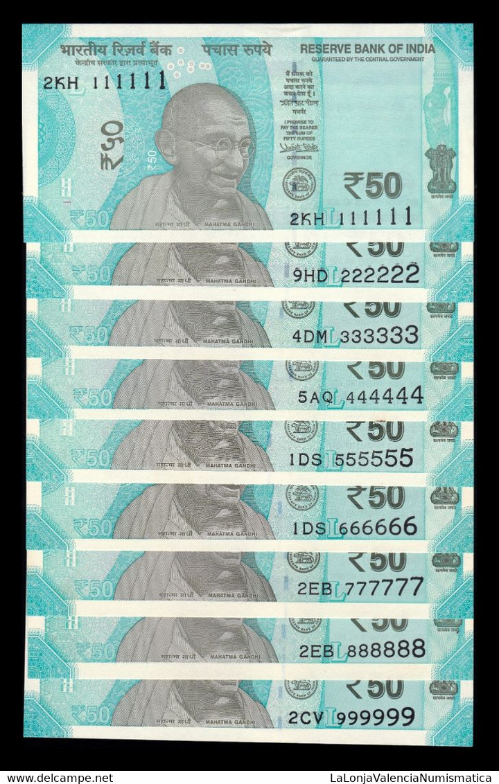 India Colección 9 Banknotes 50 Rupias 2017-2018 Pick 111 Capicua SC-/SC AUNC/UNC - India