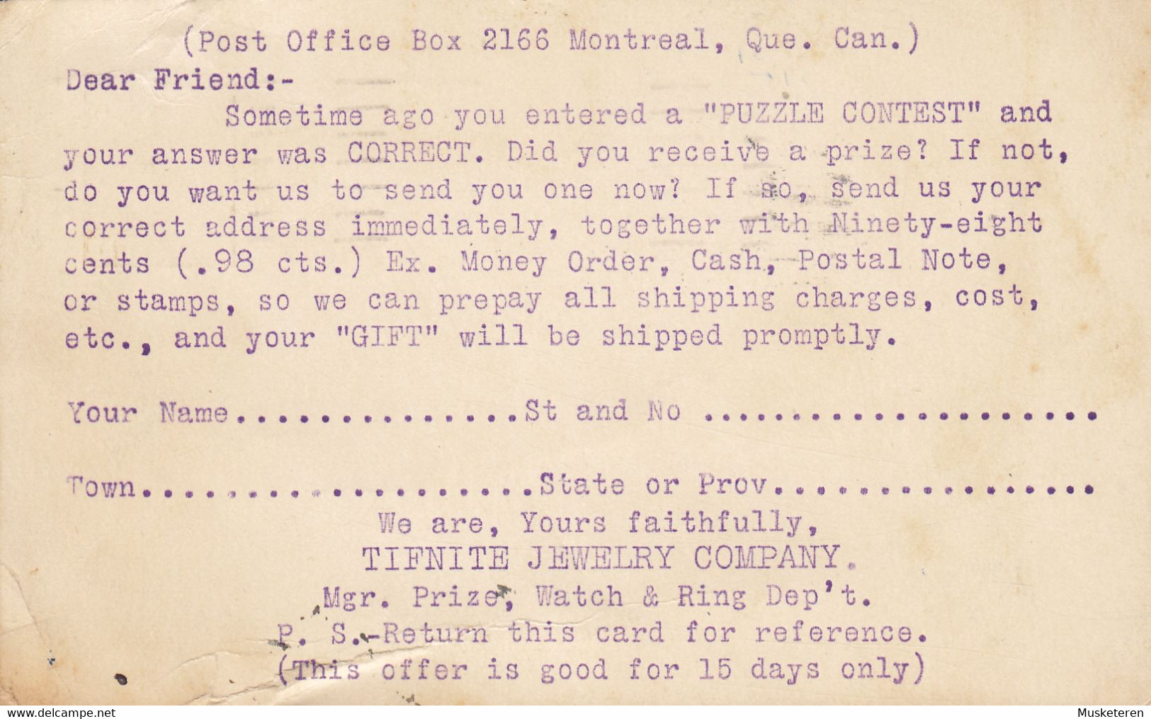 Canada Postal Stationery Ganzsache Entier GV. TIFINITE JEWELRY CO., MONTREAL Ont. NO DATE/YEAR To SUMMERVILLE - 1903-1954 Rois