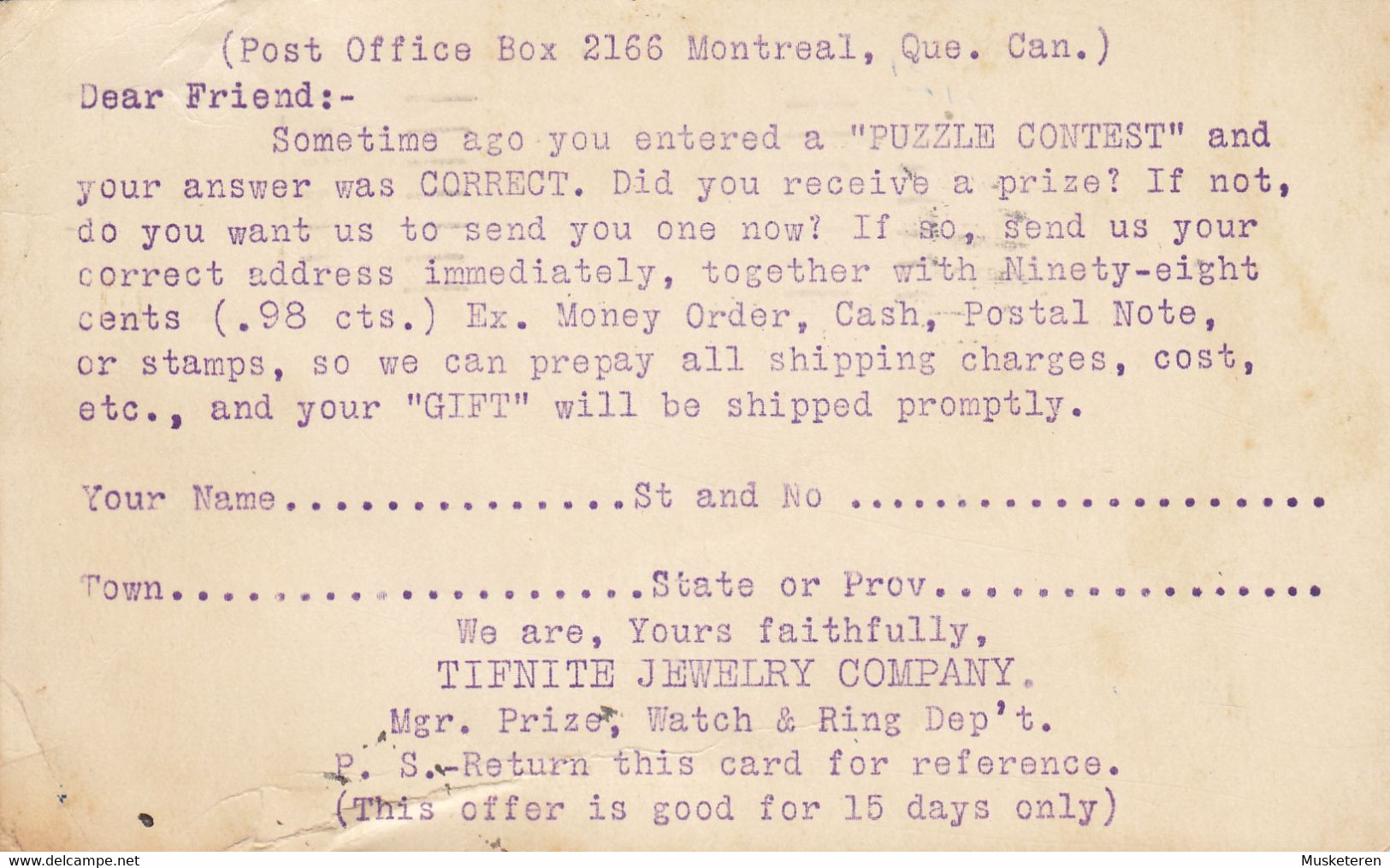 Canada Postal Stationery Ganzsache Entier GV. TIFINITE JEWELRY CO., MONTREAL Ont. NO DATE/YEAR To SUMMERVILLE - 1903-1954 Reyes
