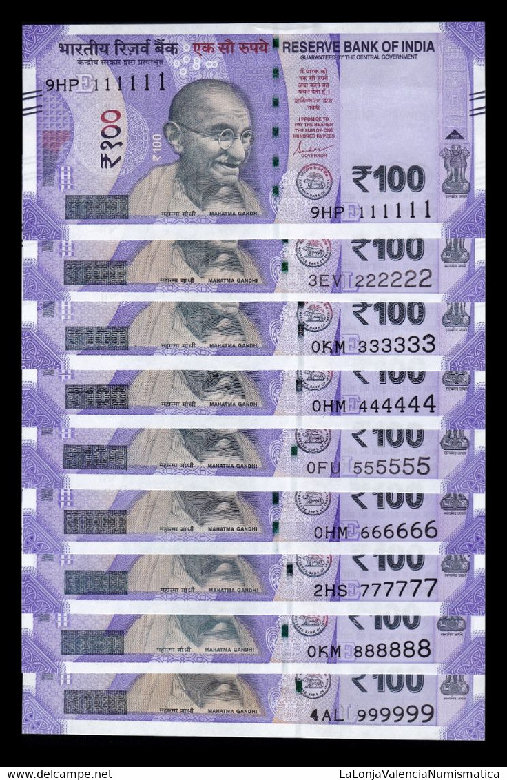 India Colección 9 Banknotes 100 Rupees 2019-2021 Pick 112 Capicua ​​​​​​​SC-/SC AUNC/UNC - India