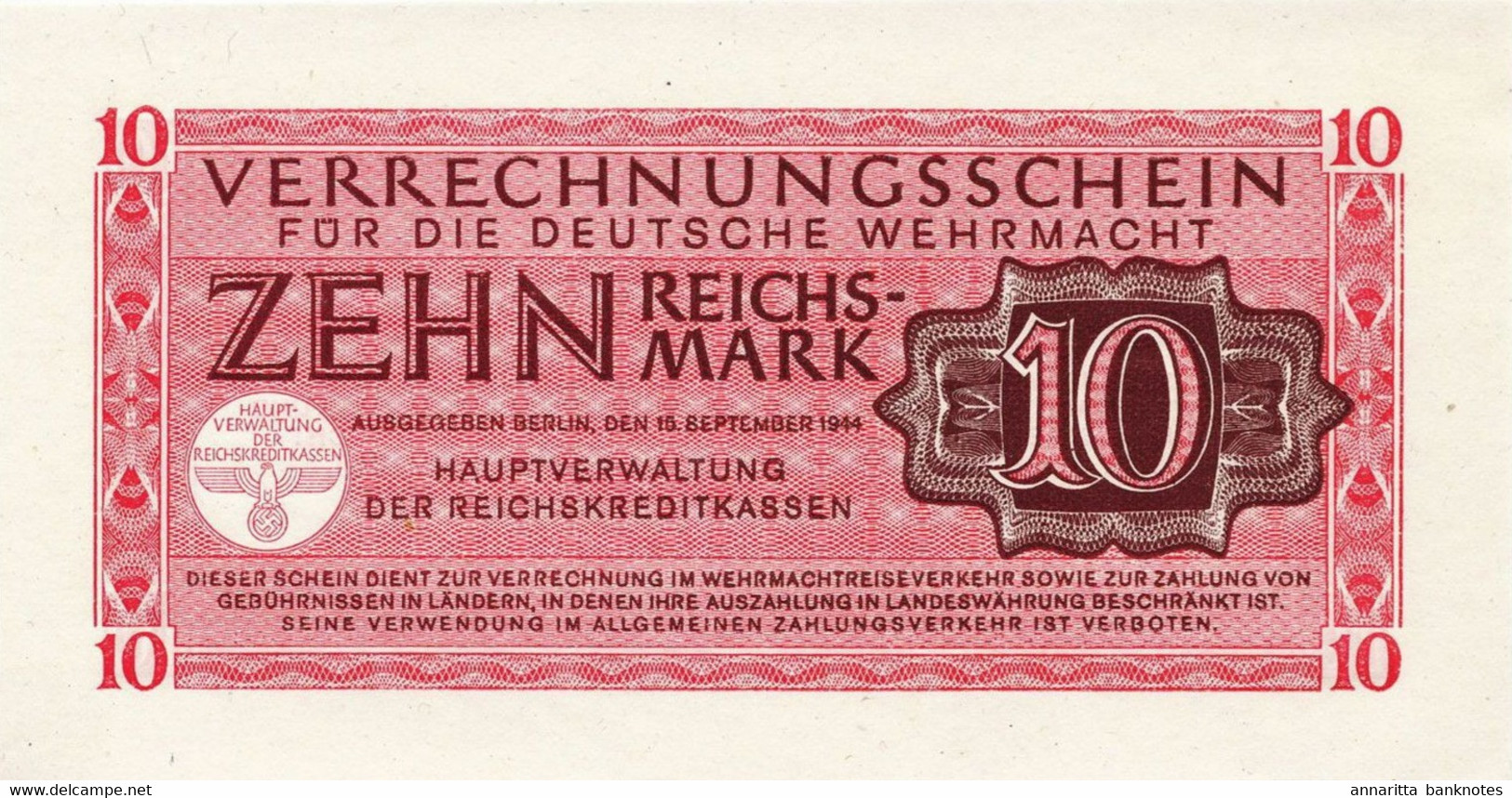 Germany 10 Reichsmark 1944, (Wehrmacht) UNC (P-M40a, B-409b) - 10 Reichsmark