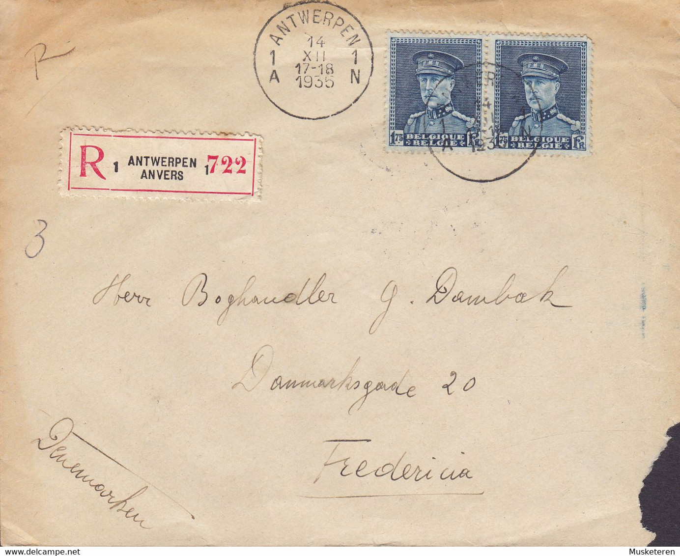 Belgium Registered Recommandée Label ANTWERPEN 1935 Cover Lettre Brotype FREDERICIA Denmark 2x Big Montenez - 1929-1941 Groot Montenez