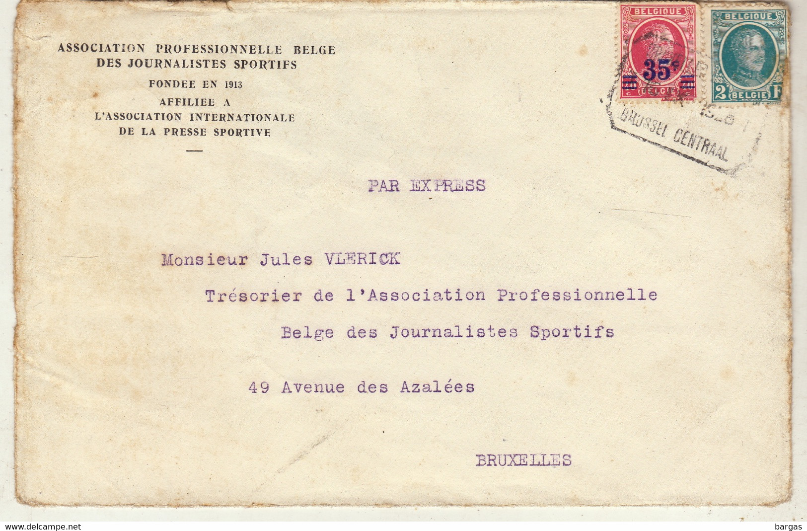 Enveloppe Express Association Professionnelle Belge Des Journalistes Sportifs - 1934-1935 Leopold III.