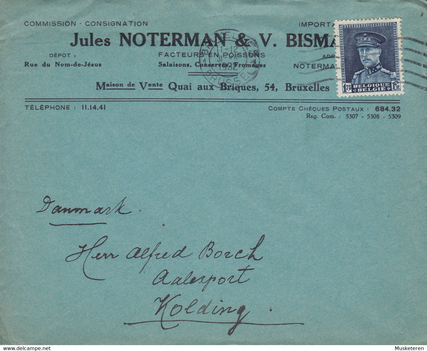 Belgium JULES NOTERMAN & V. BISMAN Facteurs En Poissins (Fish, Fisch) Cover Lettre KOLDING Denmark Big Montenez - 1929-1941 Groot Montenez