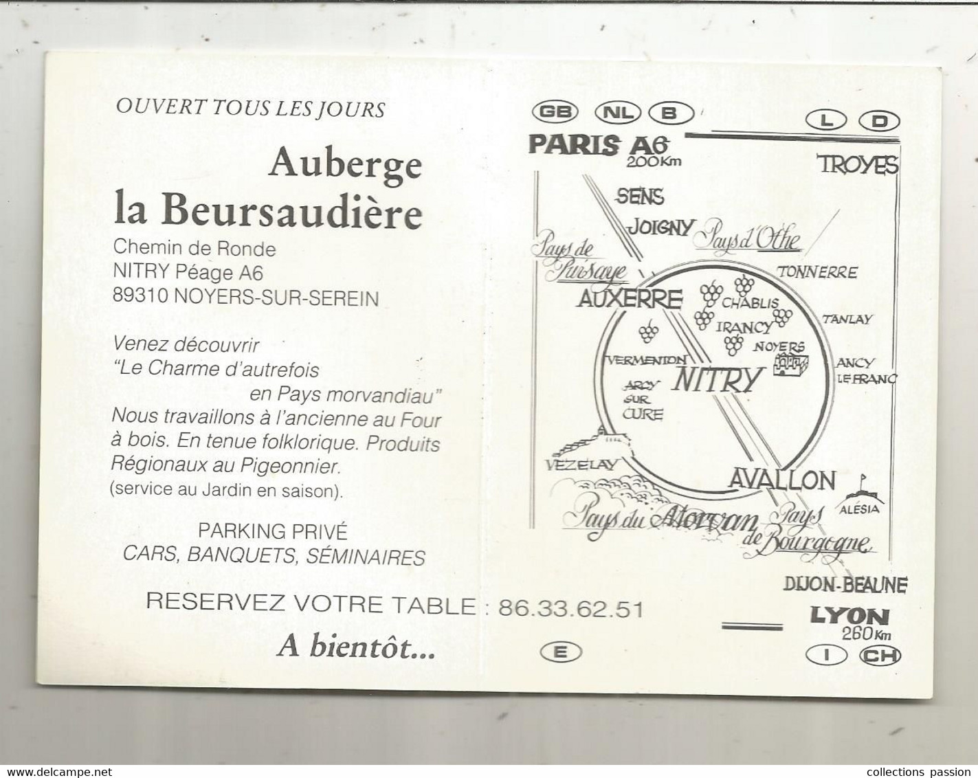 Carte De Visite 4 Pages, AUBERGE LA BEURSAUDIERE, 89, Nitry, Noyers Sur Serein , Bourgogne - Visitekaartjes