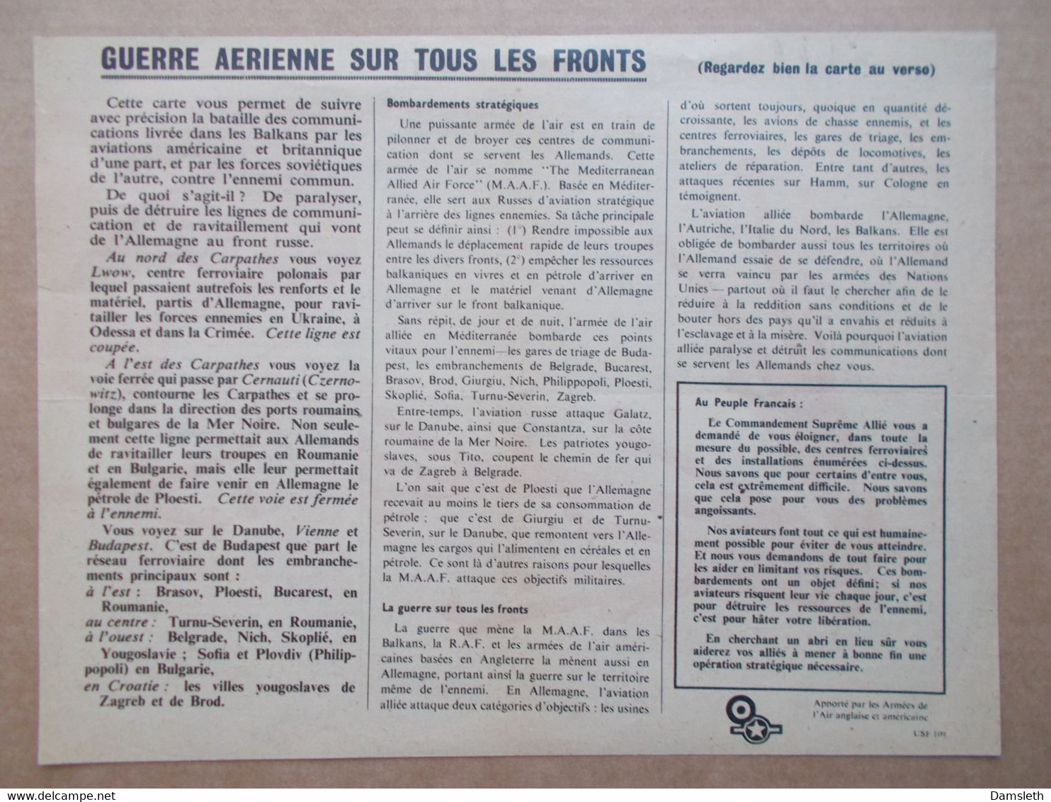 1944 Allied Propaganda Leaflet - "Les Balkans" 26 X 20cm - Tract De Propagande Alliée - Alliierten Propaganda Flugblatt - 1939-45
