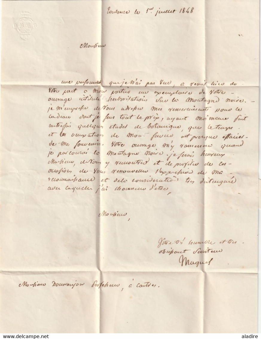 1848 - Lettre pliée avec correspondance savante de Toulouse vers Castres en Port Payé PP - cad arrivée