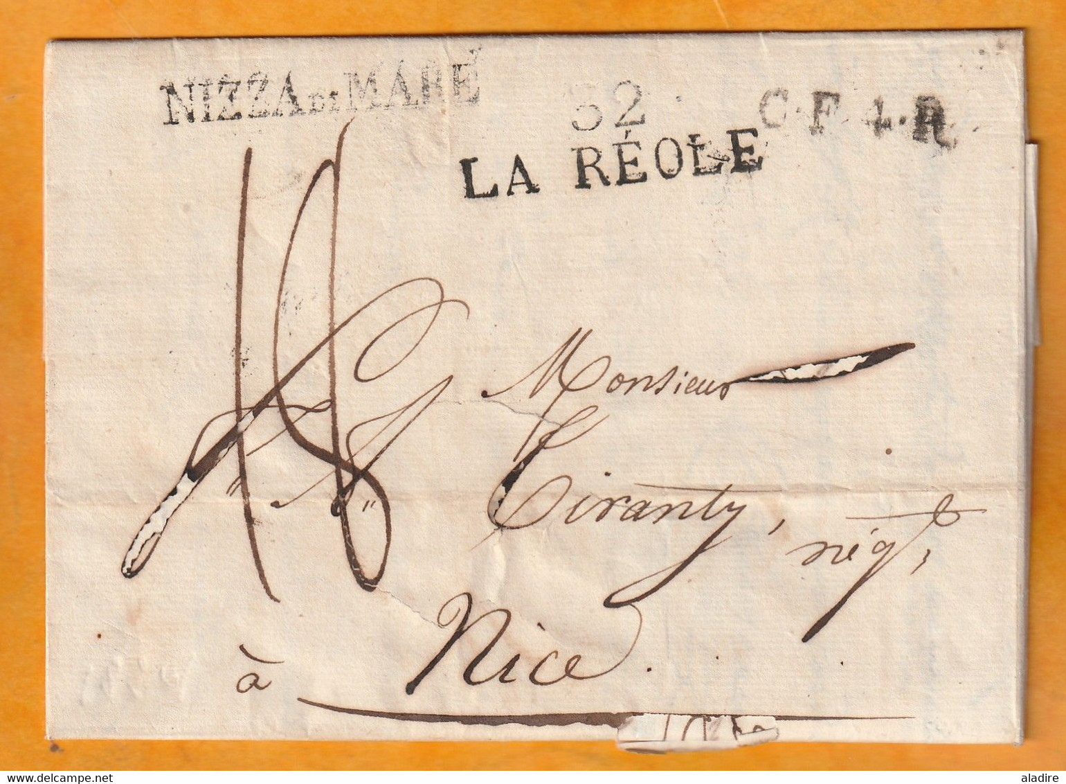 1824 - Marque Postale 32 LA REOLE Sur Lettre Pliée Avec Corresp De 2 P Vers NICE, Piémont Sardaigne - Taxe 18 - 1801-1848: Vorläufer XIX